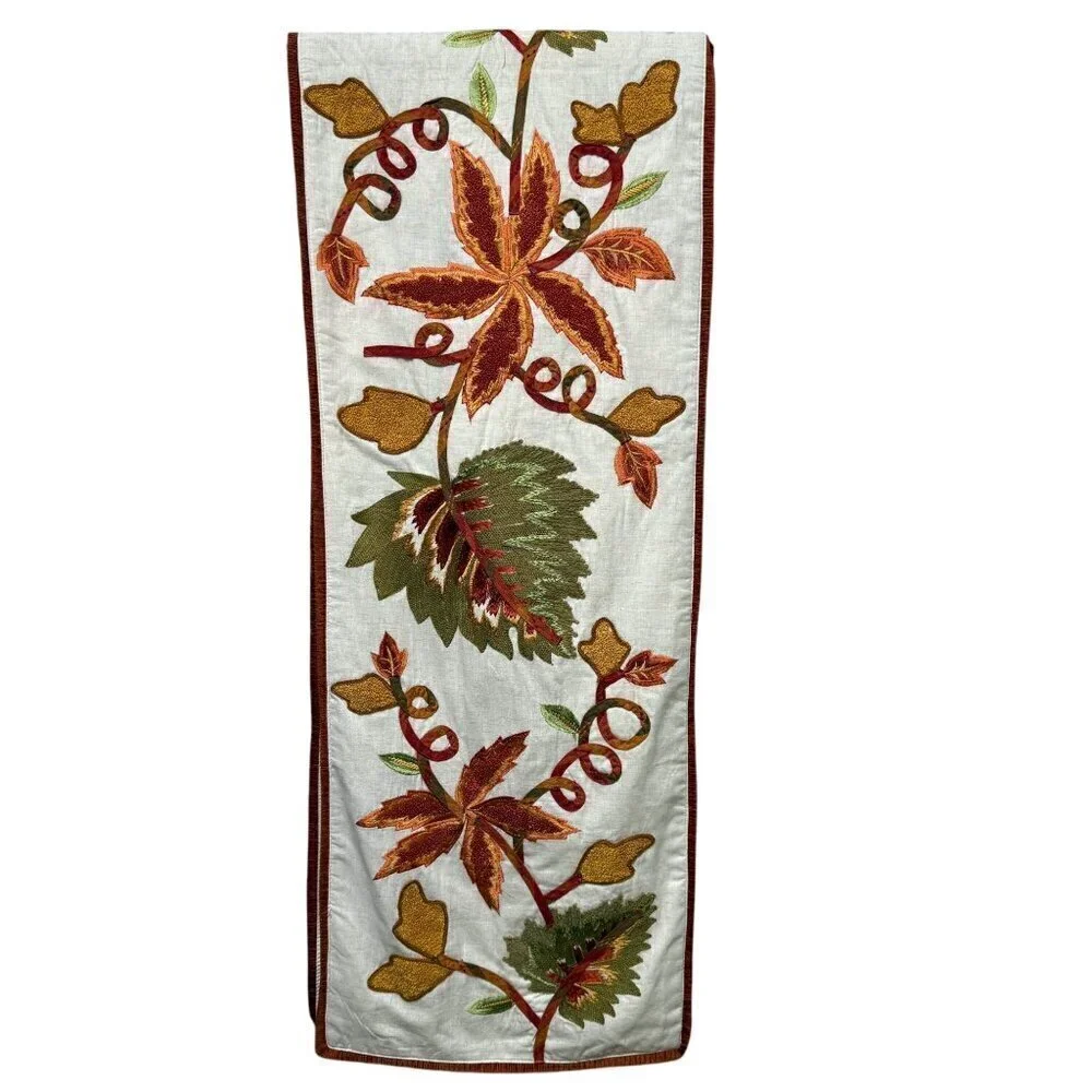 PIER 1 IMPORTS Table Runner Embroidered Harvest Floral and Leaves 14x70